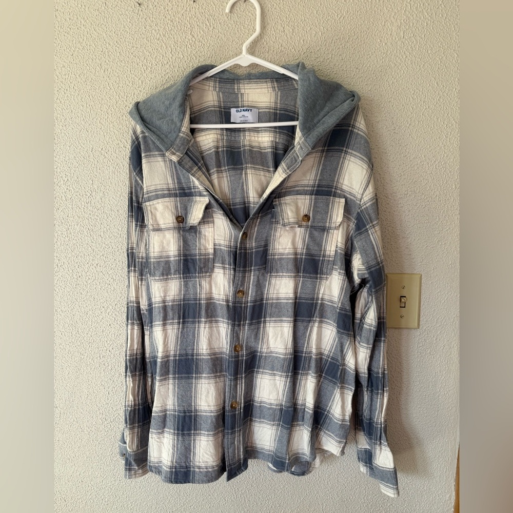 Blue and White Plaid Hooded Flannel